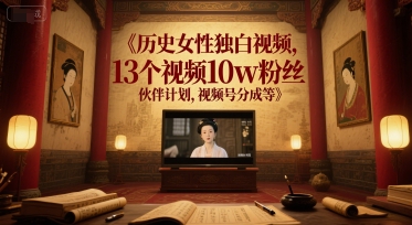 历史女性独白视频，13个视频10w粉丝，伙伴计划，视频号分成等-柚子网创