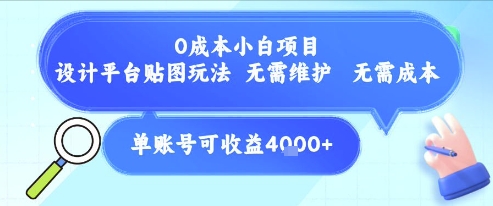 0成本小白项目，设计平台贴图玩法，无需维护，无需成本，单账号单月可产生收益4k+-柚子网创