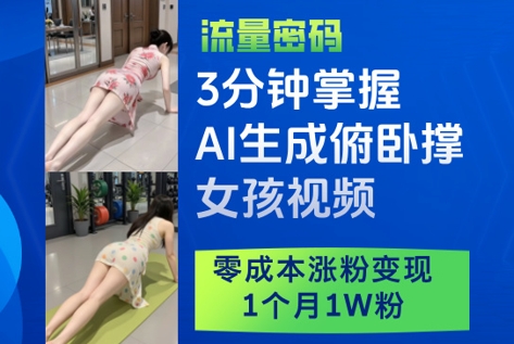 3分钟掌握AI生成俯卧撑女孩视频，零成本涨粉变现，1个月1W粉-柚子网创