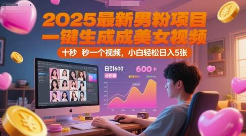 2025最新男粉项目，一键生成美女视频，日引600+色粉 十秒一个视频，小白轻松日入5张【揭秘】-柚子网创
