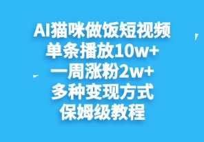 AI猫咪做饭短视频，单条播放10w+，一周涨分2w+，多种变现方式，保姆级教程-柚子网创