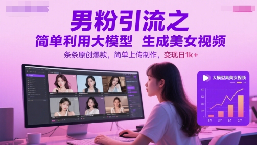 男粉引流之简单利用大模型生成美女视频，条条原创爆款，简单上传制作，变现日1k+-柚子网创
