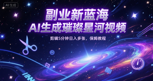 副业新蓝海，AI生成璀璨星河视频，剪辑5分钟日入多张，保姆教程-柚子网创
