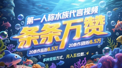 第一人称水族代言视频，条条万赞，20条作品涨粉7.8W，多种变现方式月入五位数-柚子网创