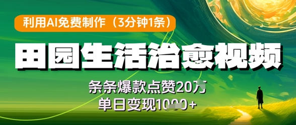 利用AI免费制作田园生活治愈视频，条条爆款点赞20W，单日变现几张-柚子网创
