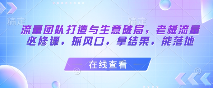 流量团队打造与生意破局，老板流量必修课，抓风口，拿结果，能落地-柚子网创