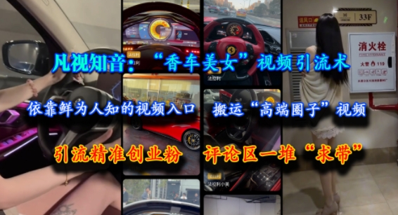 凡视知音：“香车美女”视频引流术，依靠鲜为人知的视频入口，搬运“高端圈子”视频，引流精准创业粉，评论区一堆“求带”-柚子网创