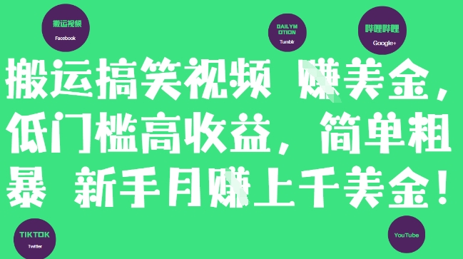 搬运搞笑视频挣美金，低门槛高收益，简单粗暴新手月入上千美刀-柚子网创