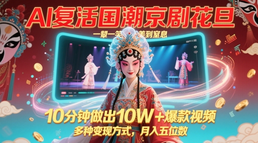 AI复活国潮京剧花旦，一颦一笑美到窒息，10分钟做出10W+爆款视频，多种变现方式，月入五位数-柚子网创