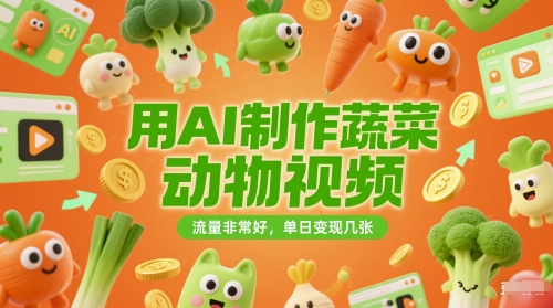 用AI制作蔬菜动物视频，流量非常好，单日变现几张-柚子网创